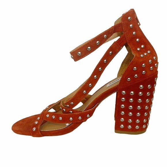 FARA-S Steve Madden Studded Rust Orange Suede Chunky Block Heel Strappy Sandal - Picture 8 of 15